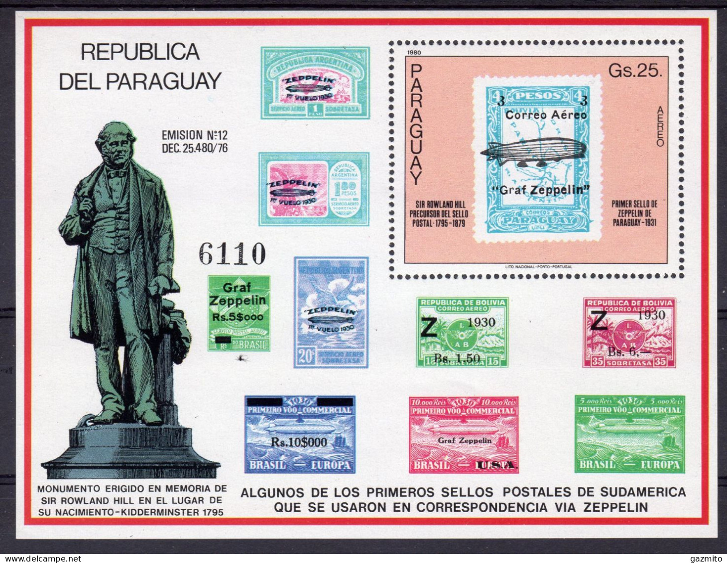 Paraguay 1980, Stamp On Stamp, Roland Hill, Zeppelin, BF - Timbres Sur Timbres
