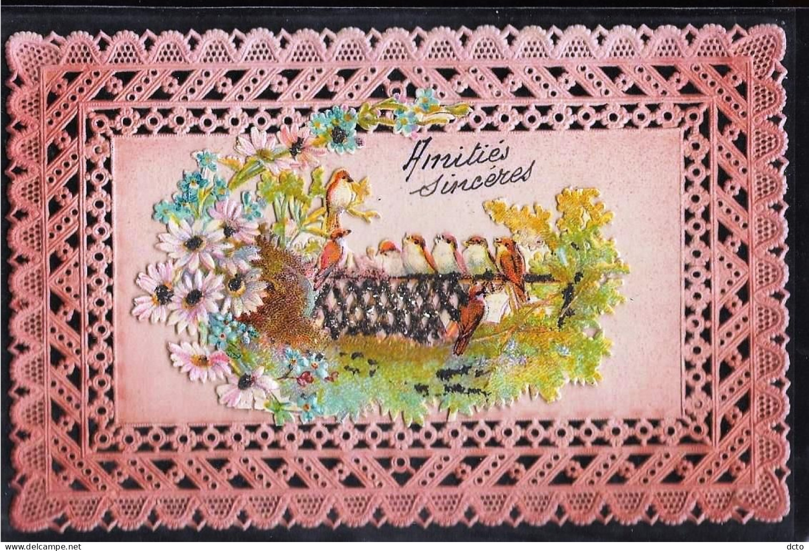 Carte à Triple Bordure En Dentelle Cartonnée Colorée Avec Bouquet De Marguerites Et 8 Oiseaux Sur Perchoir - Dreh- Und Zugkarten