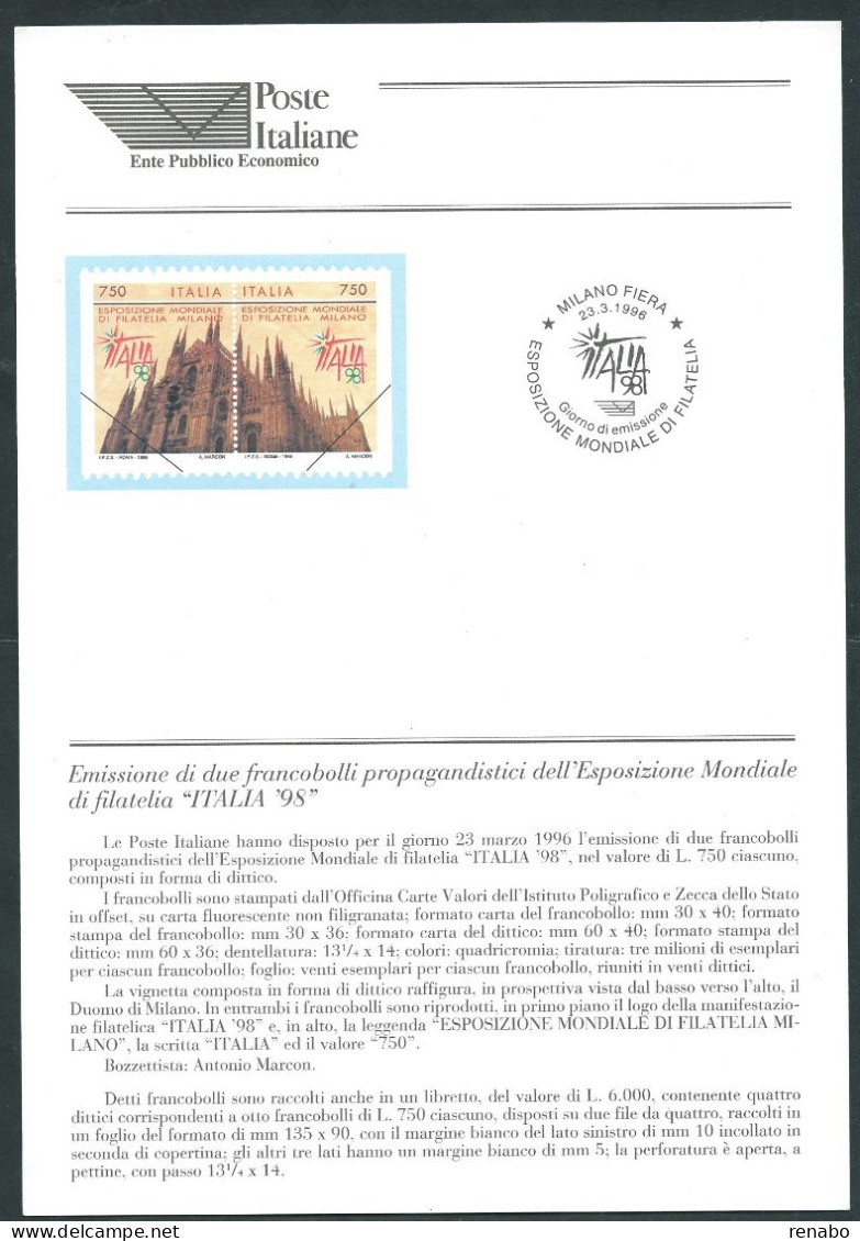 Italia 1996; Bollettino Ufficiale Delle Poste Italiane: "Esposizione Mondiale Di Filatelia ITALIA 98" - 1991-00: Neufs