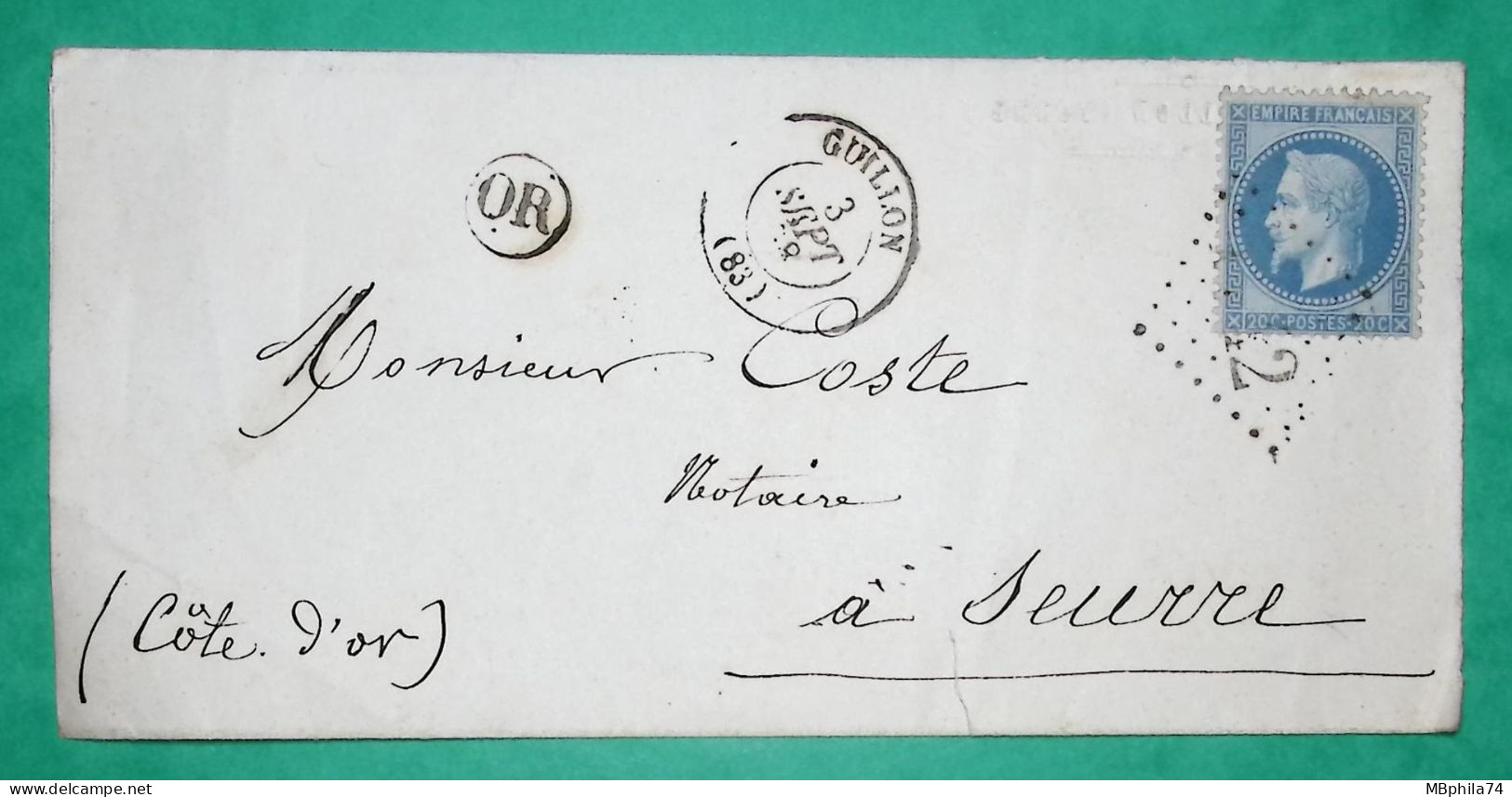 N°29 GC 1742 GUILLON YONNE OR ORIGINE RURALE POUR SEURRE COTE D'OR 1868 LETTRE COVER FRANCE - 1849-1876: Période Classique