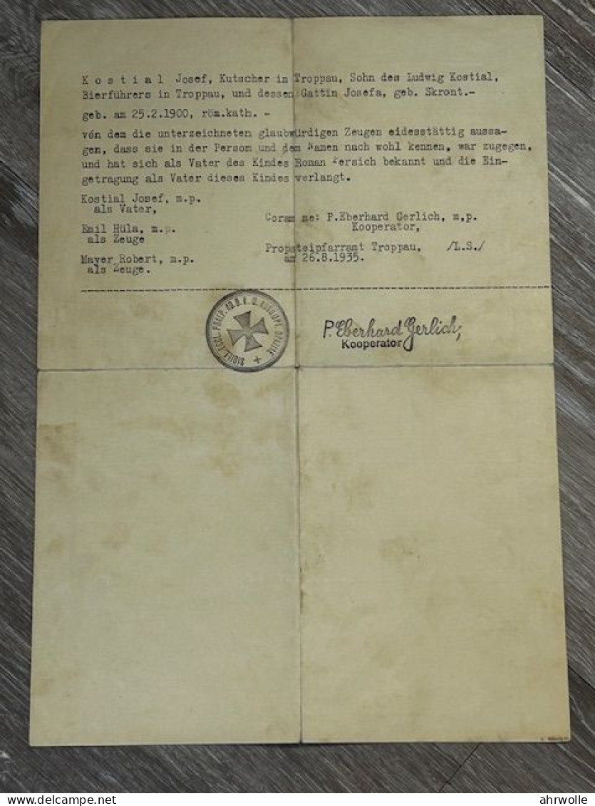 Dokumente Urkunde Tauf Schein Sudetenland Troppau Olmütz Branitz 1939 Geburtsmatrik 1935 Mähren Schlesien - Documents Historiques