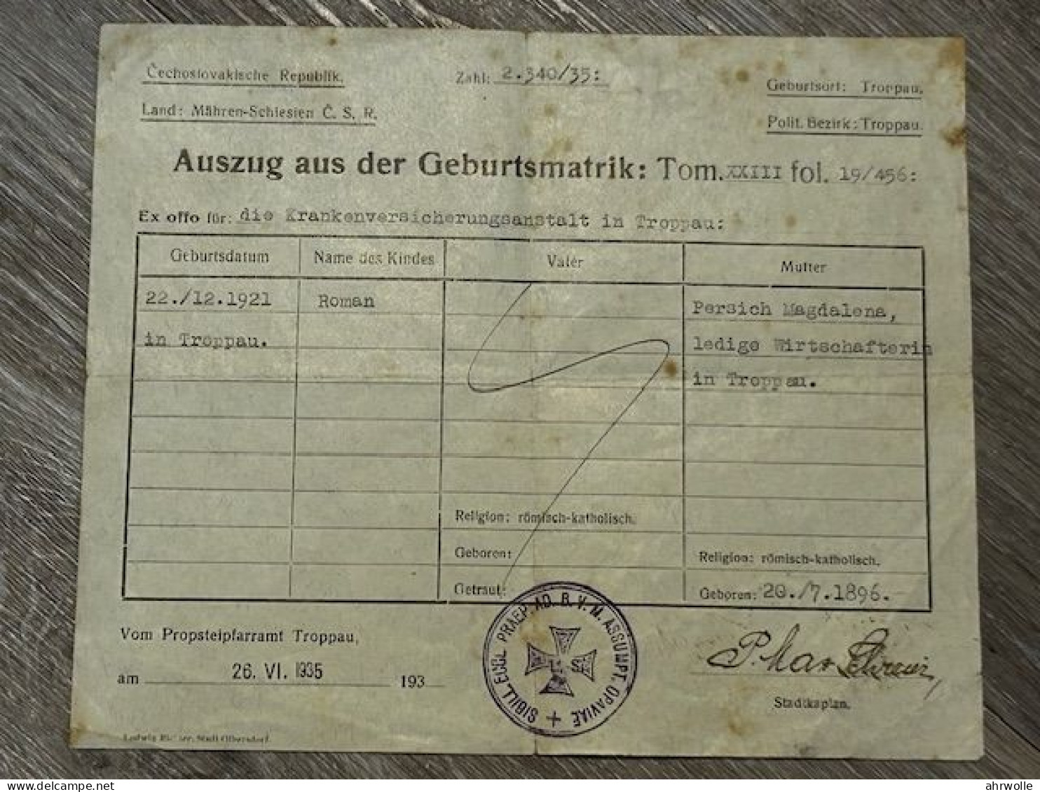 Dokumente Urkunde Tauf Schein Sudetenland Troppau Olmütz Branitz 1939 Geburtsmatrik 1935 Mähren Schlesien - Historical Documents