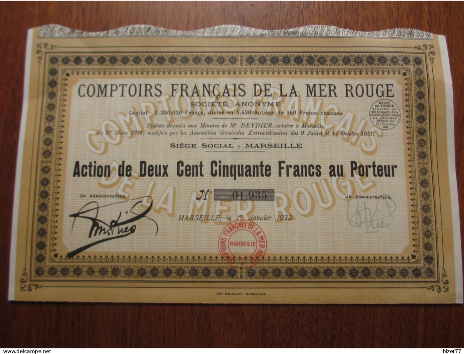 FRANCE - 13 - MARSEILLE 1932 - COMPTOIRS FRANCAIS DE LA MER ROUGE - ACTION DE 250 FRS - PEU COURANT - Autres & Non Classés