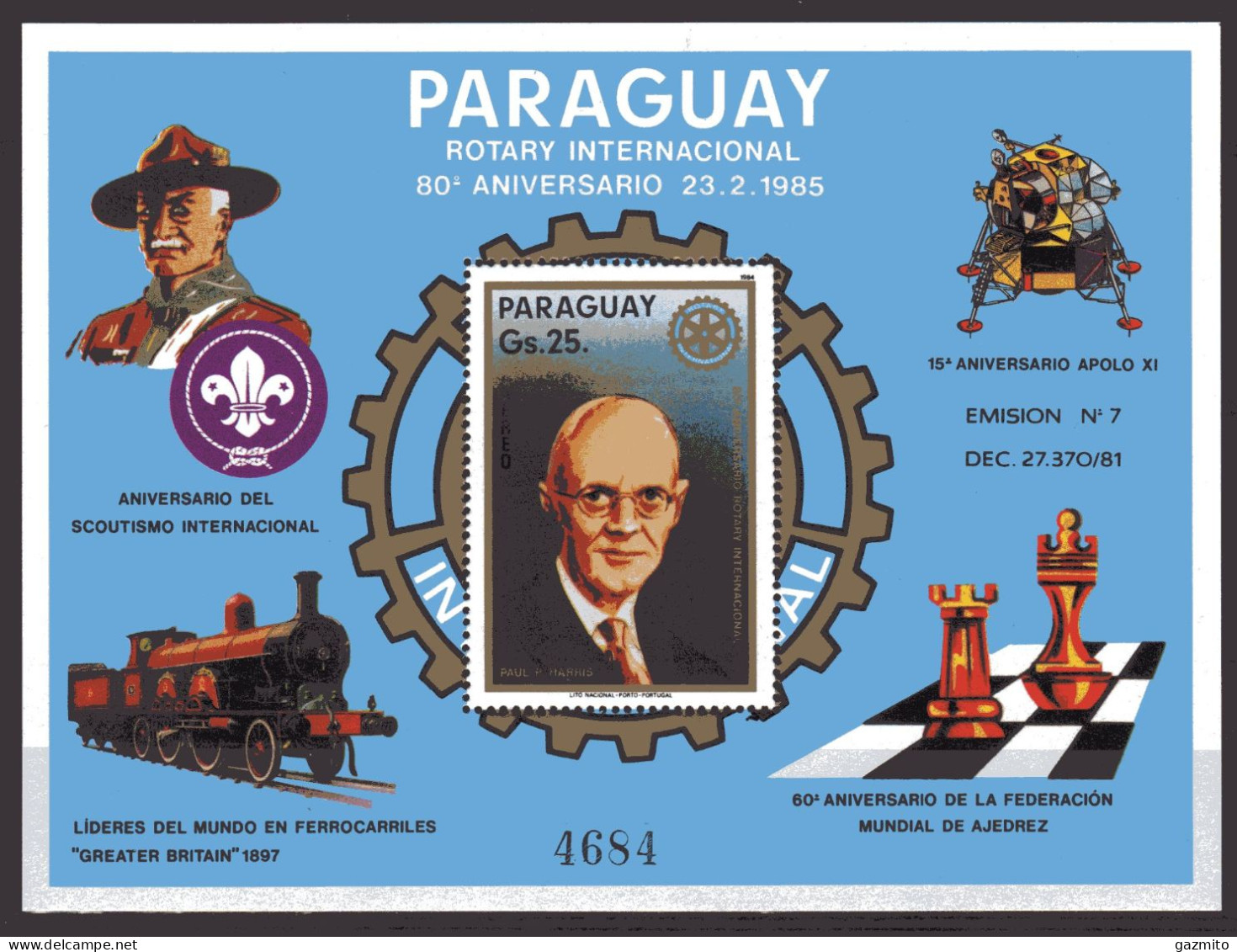 Paraguay 1985, 80th Rotary, Scout, Chess, Train, Space, BF - Paraguay