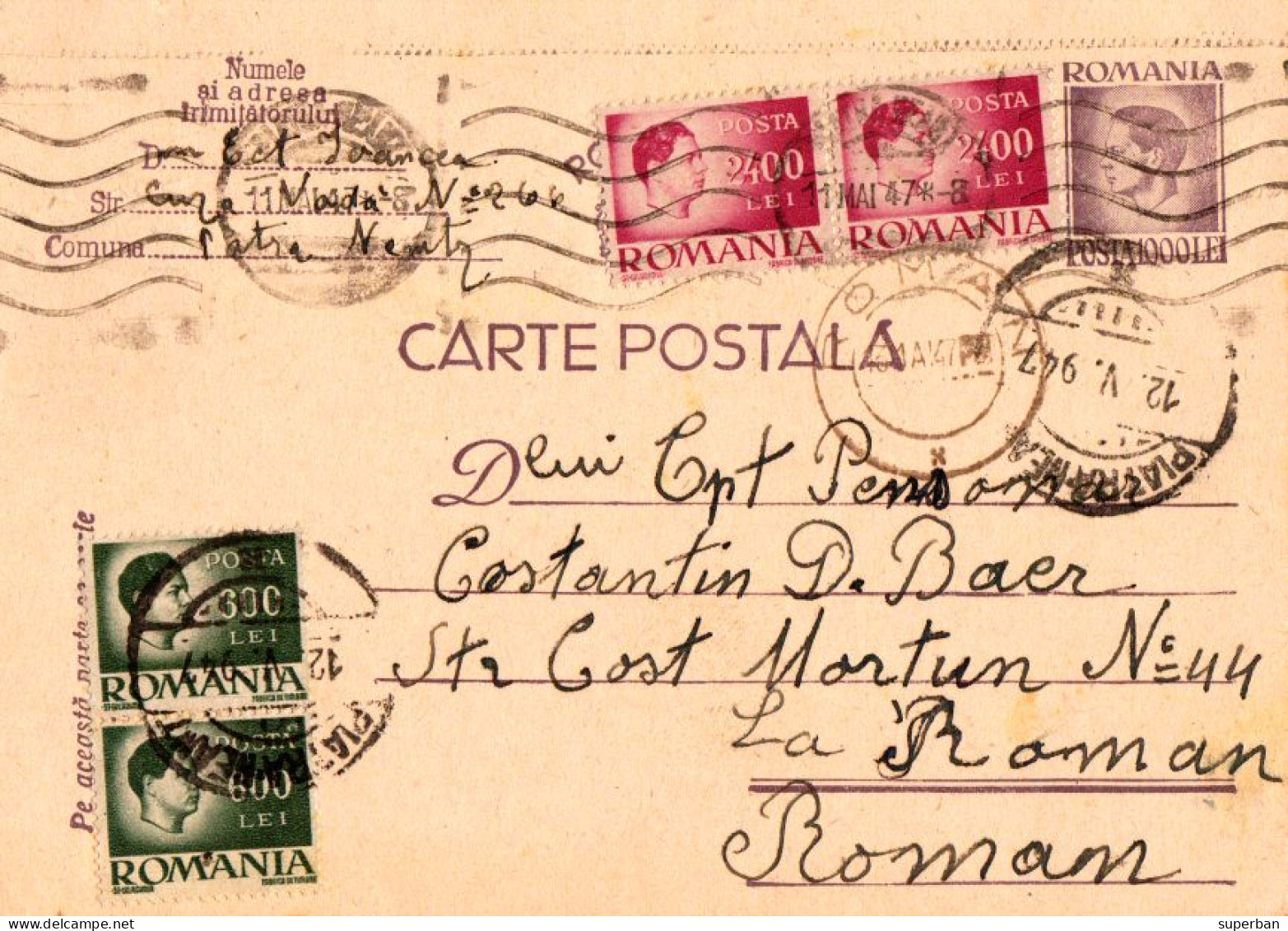 ROUMANIE / ROMANIA - INFLATION PERIOD : 1947 - STATIONERY POSTCARD With ADDED STAMPS - RATE : 7,000 LEI (an742) - Briefe U. Dokumente