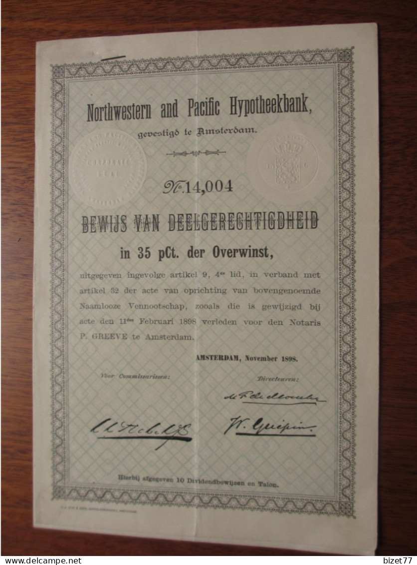 PAYS-BAS ; AMSTERDAM 1898 - NORTHWESTERN & PACIFIC HYPOTHEEKBANK - BEWIJS VAN DEELGERECHTIGHEID IN 35% - Other & Unclassified