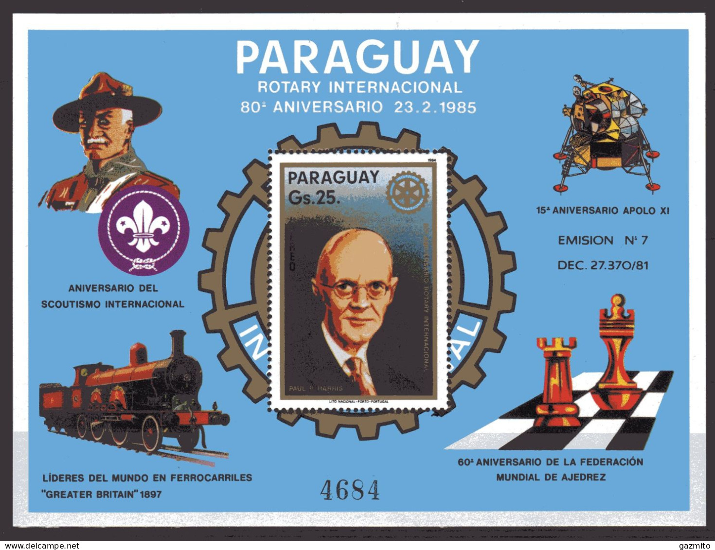 Paraguay 1985, 80th Rotary, Scout, Chess, Train, Space, BF - Rotary, Lions Club