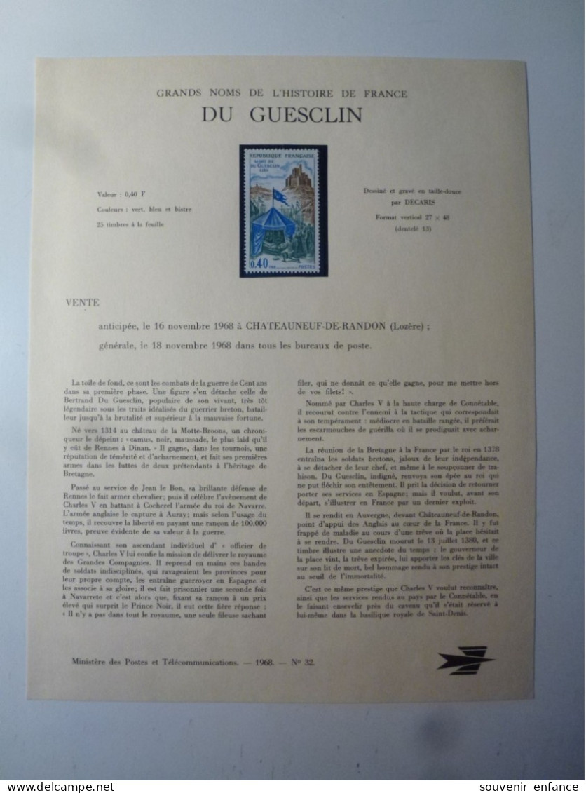 1968 - Neuf  ** / MNH 1578 Mort De Bertrand Du Guesclin Feuille De 25 Plus Document Philatélique - Neufs