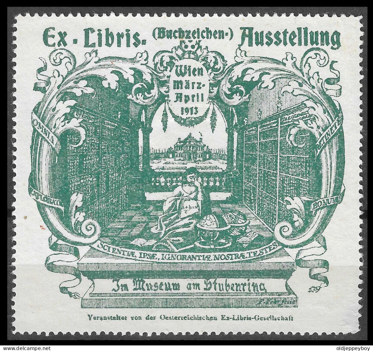 6 X 7 CM Vignette Buchzeichen-Ausstellung, Ex Libris, Wien, Im Museum Am Stubenring, 1913, In Der Bibliothek  GREEN - Erinnofilie