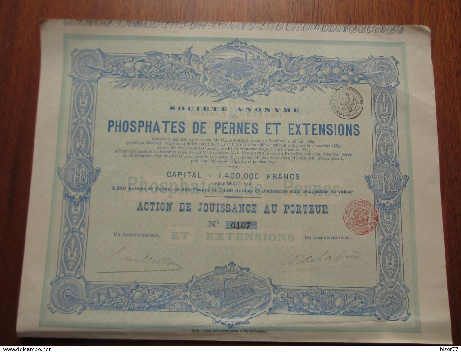 BELGIQUE - PHOSPHATES DE PERNES ET EXTENTIONS - ACTION DE JOUISSANCE - 1891 - Other & Unclassified