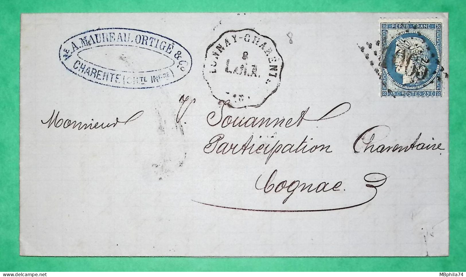 N°60C CONVOYEUR STATION TONNAY CHARENTE LIGNE LaR.A CHARENTE INFERIEURE POUR COGNAC 1876 LETTRE COVER FRANCE - Railway Post
