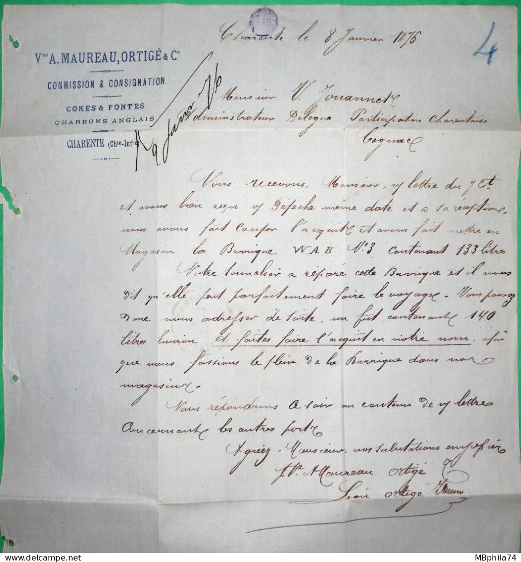 N°60C CONVOYEUR STATION TONNAY CHARENTE LIGNE LaR.A CHARENTE INFERIEURE POUR COGNAC 1876 LETTRE COVER FRANCE - Railway Post