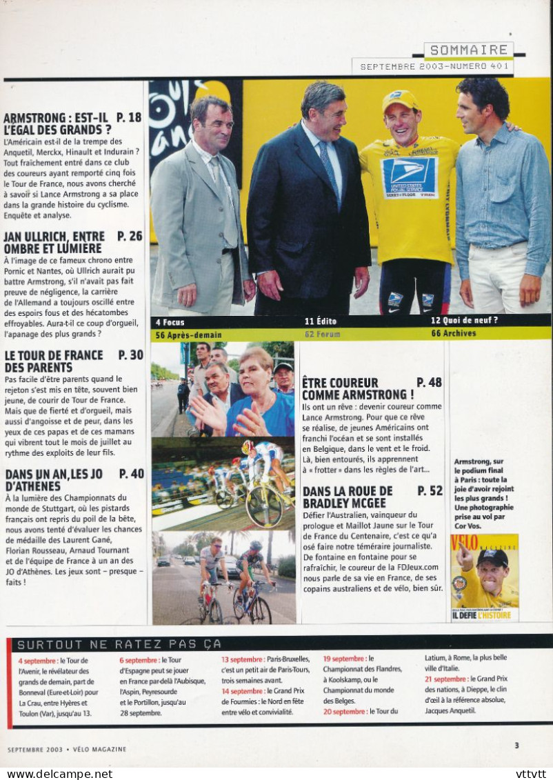VELO MAGAZINE, Septembre 2003, N° 401, Tour De France, Lance Armstrong, Virenque, Nazon, Jan Ullrich, Bradley McGee... - Sport