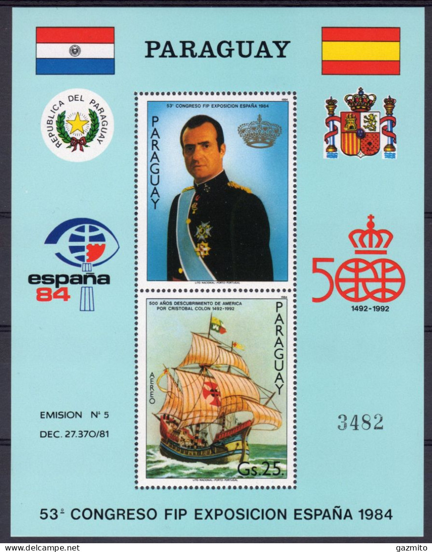Paraguay 1984, 500th Discovery Of America, King Juan Carlos, Ship, BF - Royalties, Royals