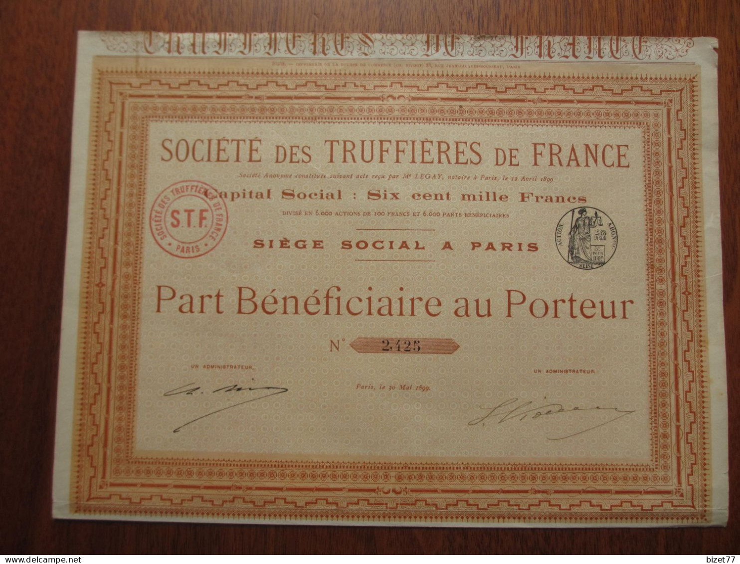 FRANCE - PARIS 1899 - STE DES TRUFFIERES DE FRANCE  - PART BENEFICIAIRE - PEU COURANT - Autres & Non Classés