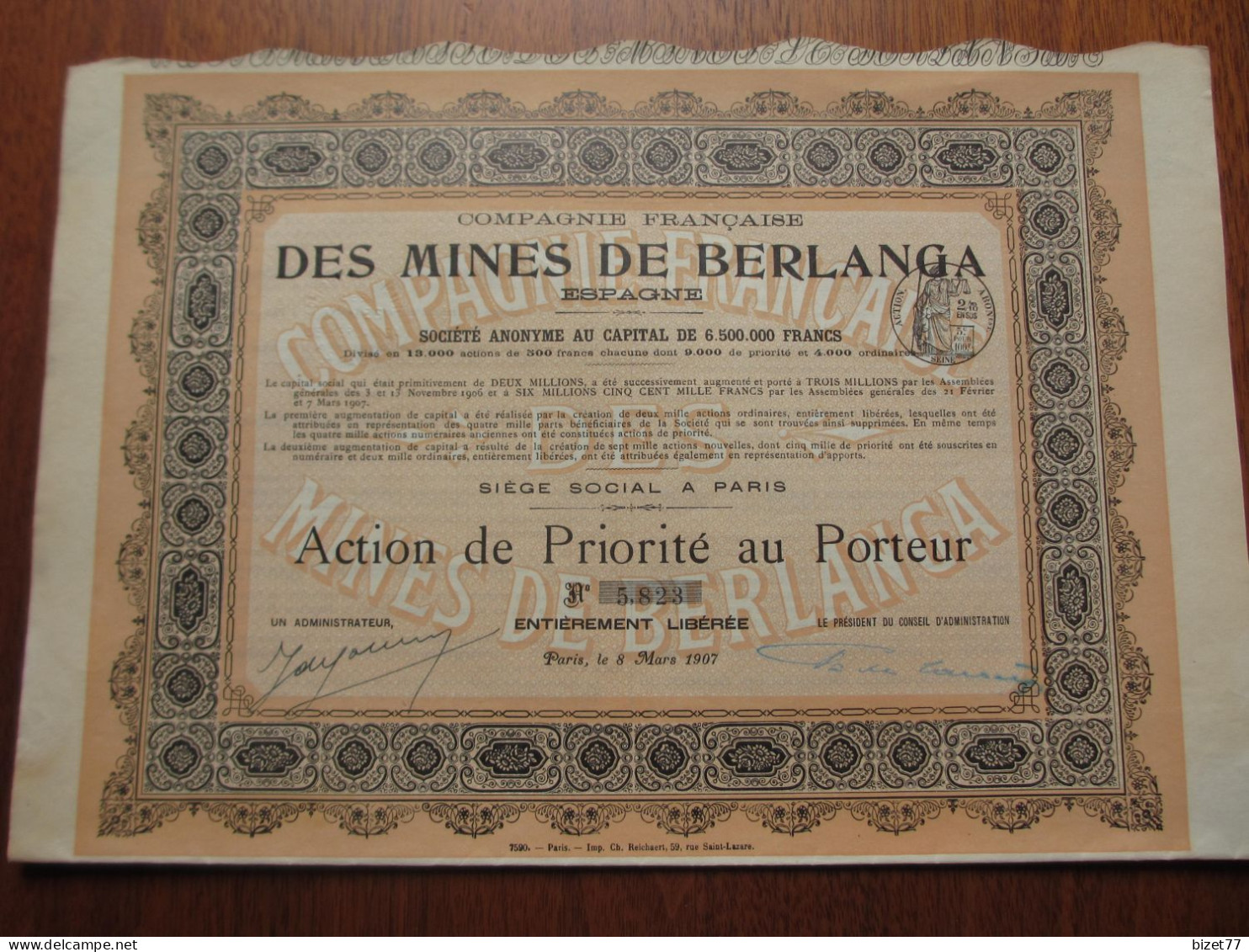 ESPAGNE - Cie FRANCAISE DES MINES DE BERLANGA - ACTION DE PRIORITE - PARIS 1907 - Autres & Non Classés