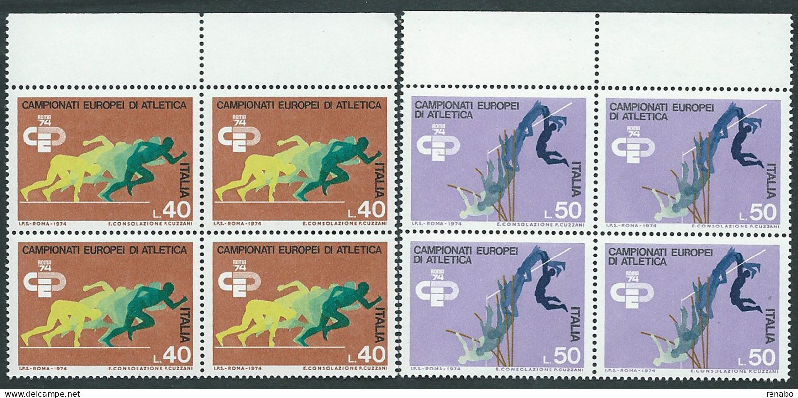 Italia 1974; Campionati Europei Di Atletica Leggera. Serie Completa, Quartine Di Bordo Superiore. - 1971-80: Mint/hinged