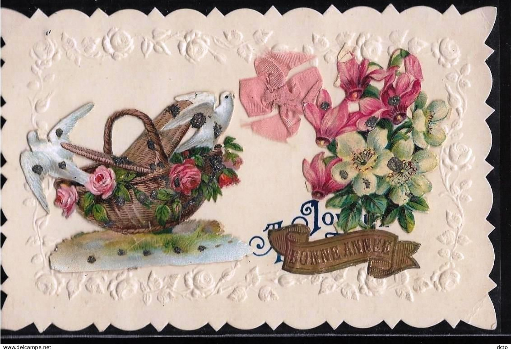 Carte Bordure Gaufrée, Ajoutis De Fleurs, Panier, Tourterelles & Ruban Rose Tissus, Bonne Année - A Systèmes