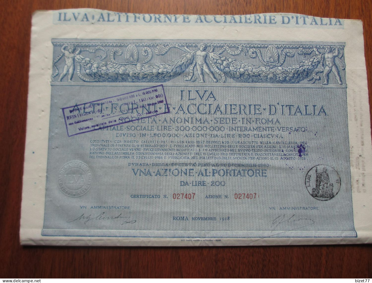 ITALIE - ROME 1918 - LOT 4 TITRES - ILVA : HAUTS FOURNEAUX & ACIERIES D'ITALIE - ACTION DE 200 LIRES - Other & Unclassified