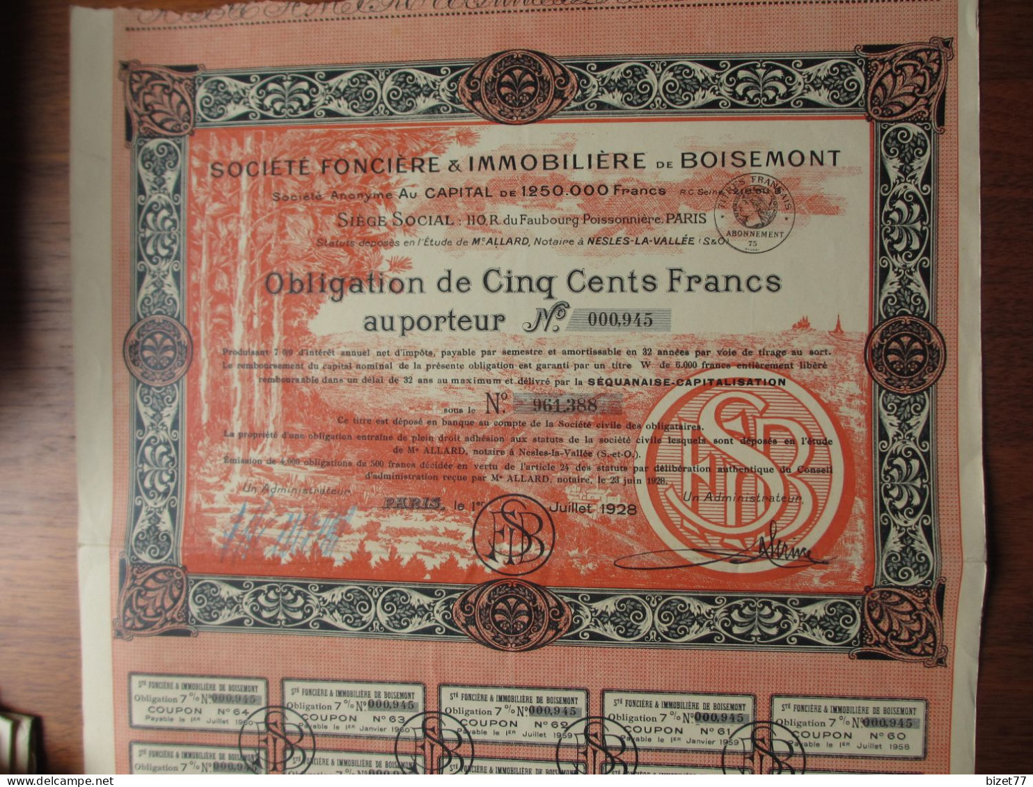 FRANCE - 94 - VAL D'OISE - FONCIERE & IMMOBILIERE DE BOISEMONT - OBLIGATION DE 500 FRS - PARIS 1928 - BELLE DECO COULEUR - Other & Unclassified