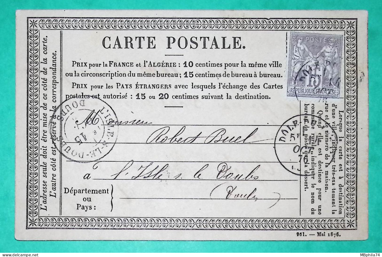 N°66 SAGE TYPE 1 CARTE PRECURSEUR DOLE DU JURA POUR L'ISLE SUR LE DOUBS 1876 LETTRE COVER FRANCE - 1877-1920: Période Semi Moderne