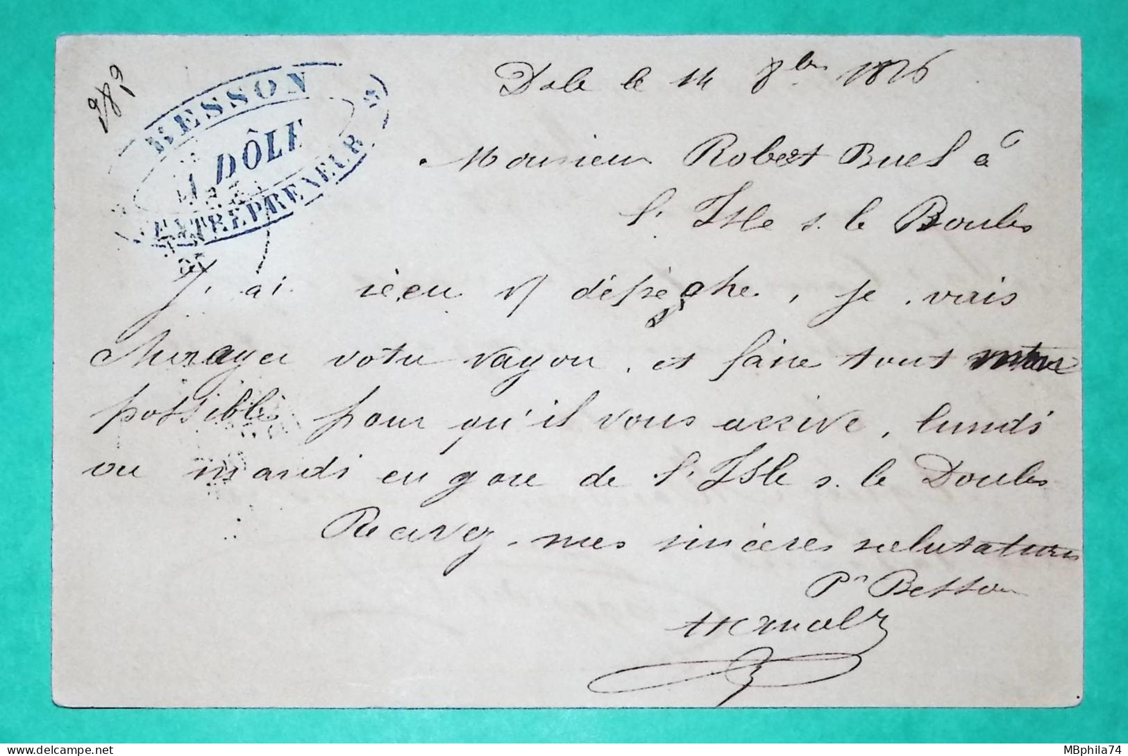 N°66 SAGE TYPE 1 CARTE PRECURSEUR DOLE DU JURA POUR L'ISLE SUR LE DOUBS 1876 LETTRE COVER FRANCE - 1877-1920: Période Semi Moderne