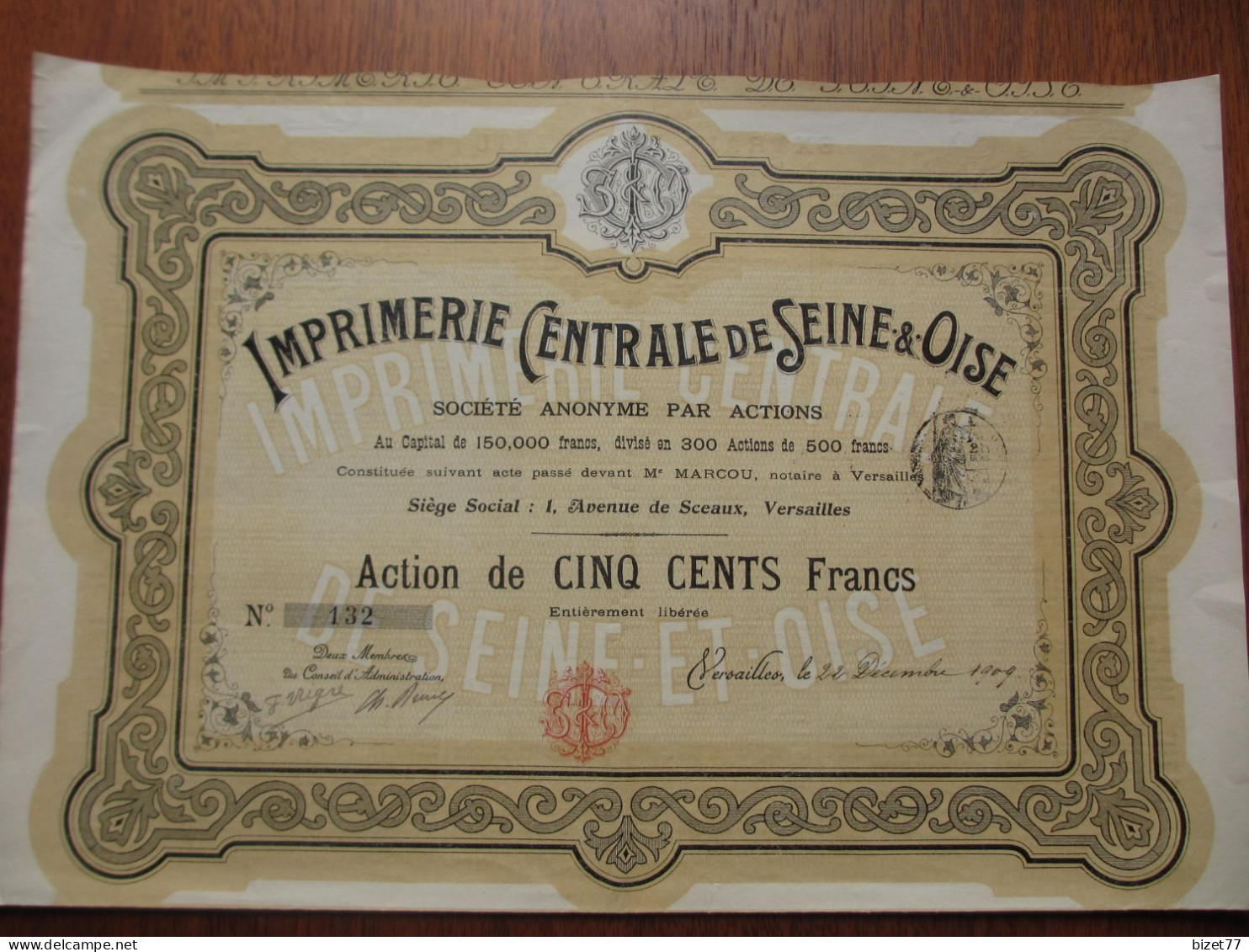 FRANCE - 78 - YVELYNES - VERSAILLES 1909 - IMPRIMERIE CENTRALE DE SEINE & OISE - ACTION DE 500 FRS - PEU COURANT - Andere & Zonder Classificatie