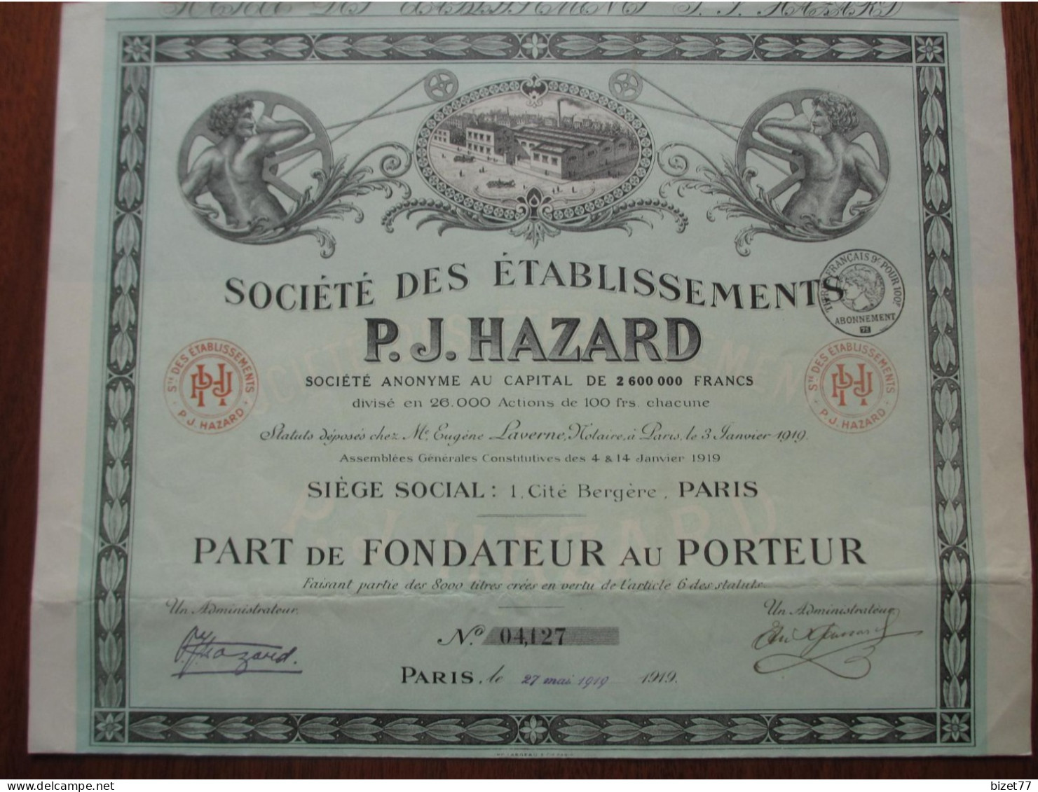 FRANCE - PARIS 1919 - ART DECO è ETABLISSEMENT P.J. HAZARD - PART DE FONDATEUR - BELLES VIGNETTES - Other & Unclassified