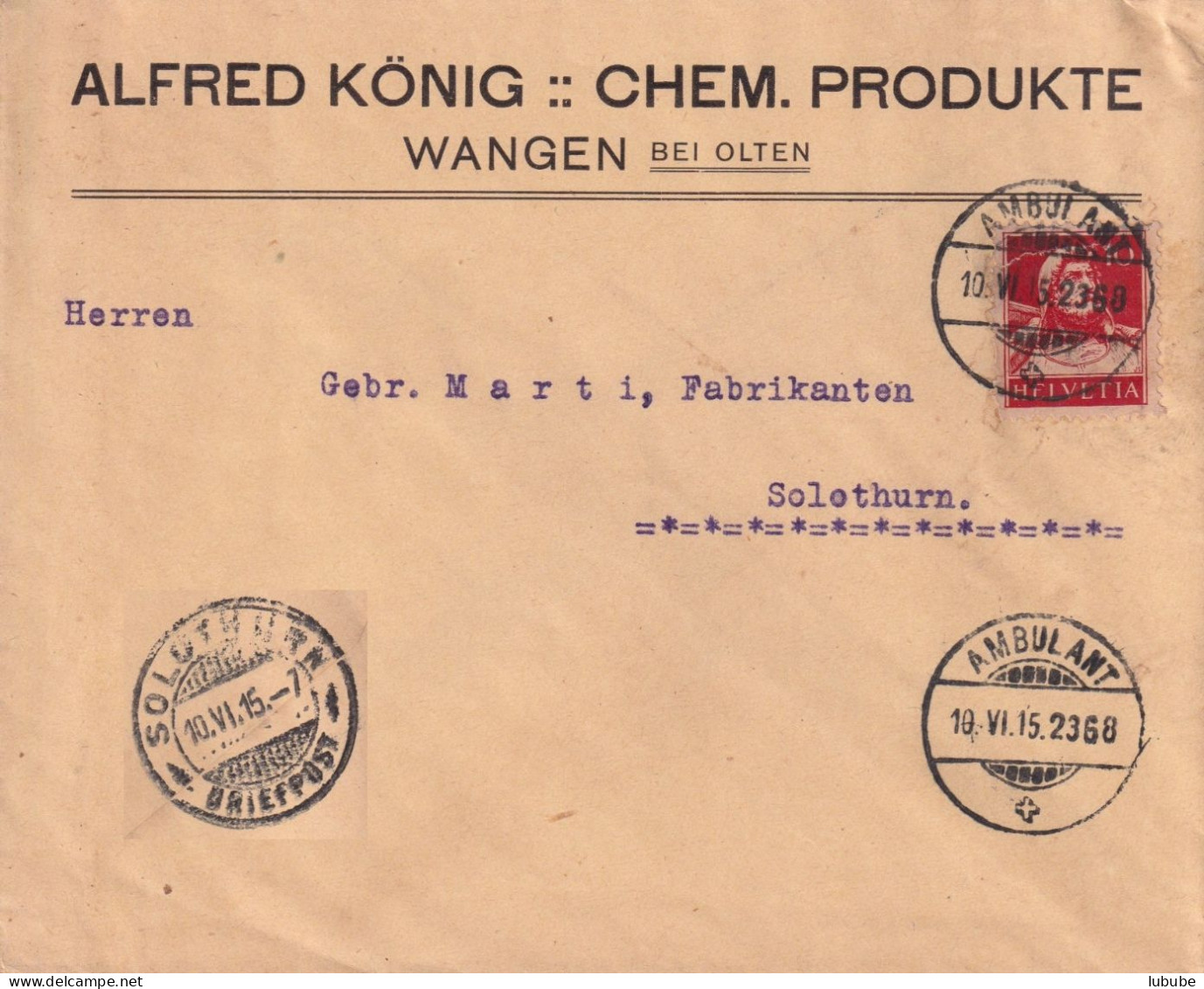 Motiv Brief  "Alfred König, Chem. Produkte, Wangen Bei Olten"        1915 - Covers & Documents