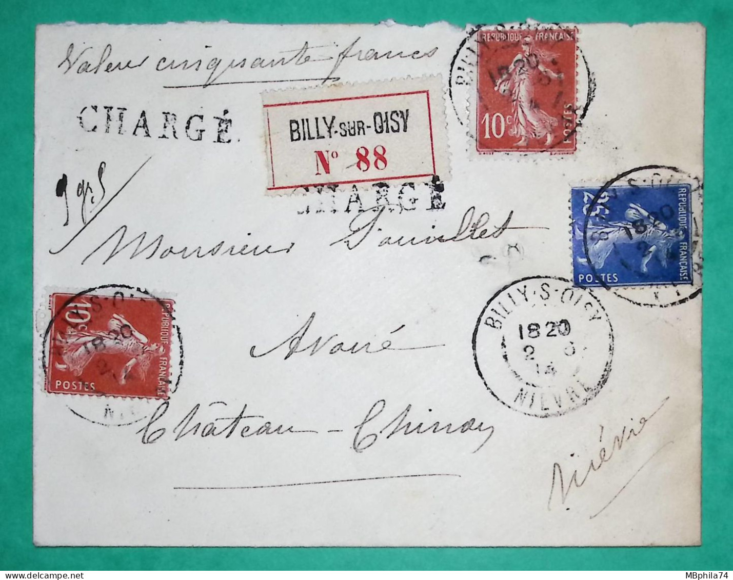 N°138 X2 + 140 SEMEUSE LETTRE CHARGE BILLY SUR OISY NIEVRE POUR CHATEAU CHINON 1914 LETTRE COVER FRANCE - 1906-38 Semeuse Camée