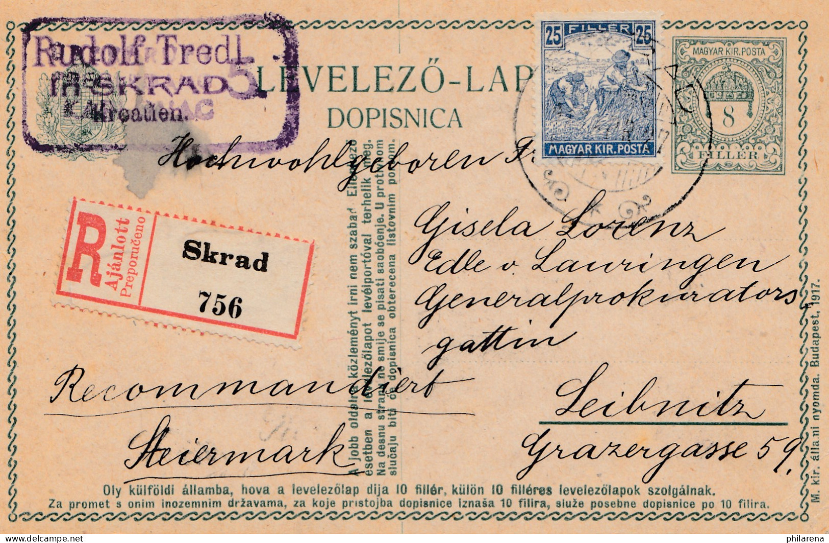 Ungarn: 1917: Einschreiben Ganzsache Skrad Nach Leibnitz - Autres & Non Classés