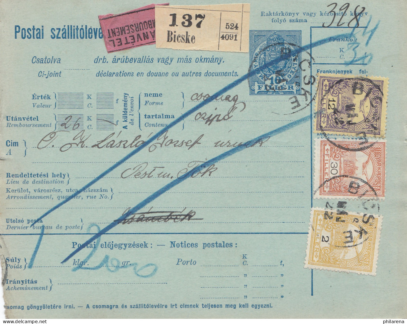 Ungarn: 1916: Paketkarte Bieske Nachnahme - Autres & Non Classés