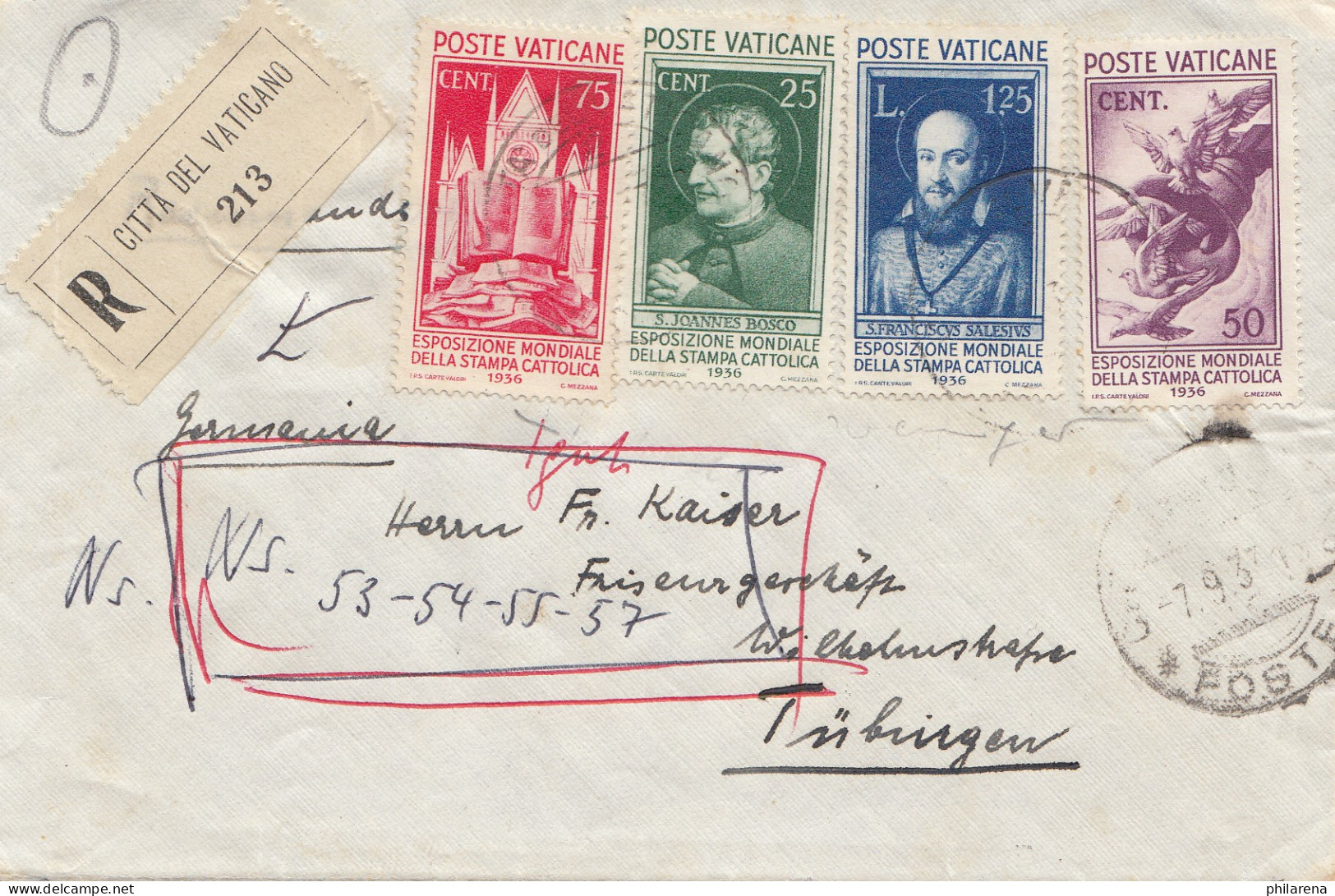 Vatikan: 1937: Einschreiben Nach Tübingen - Autres & Non Classés