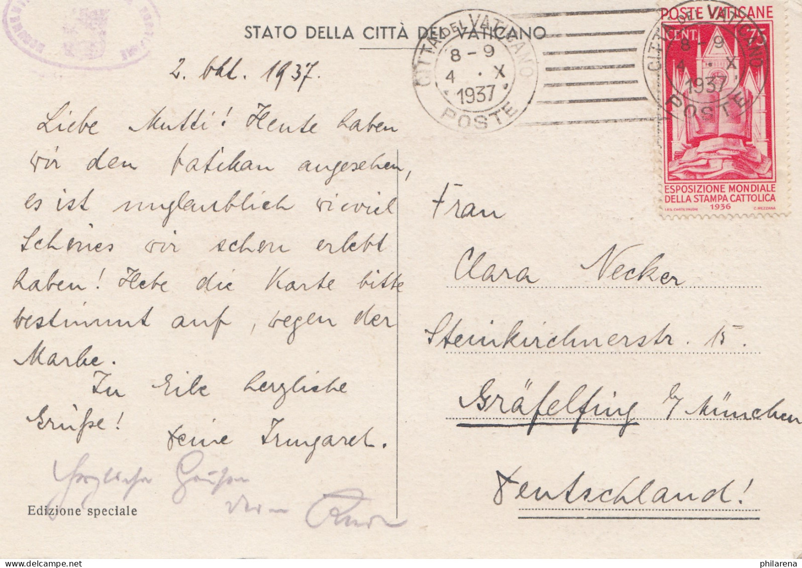 Vatikan: 1937: Ansichtskarte Nach Gräfelfing - Autres & Non Classés