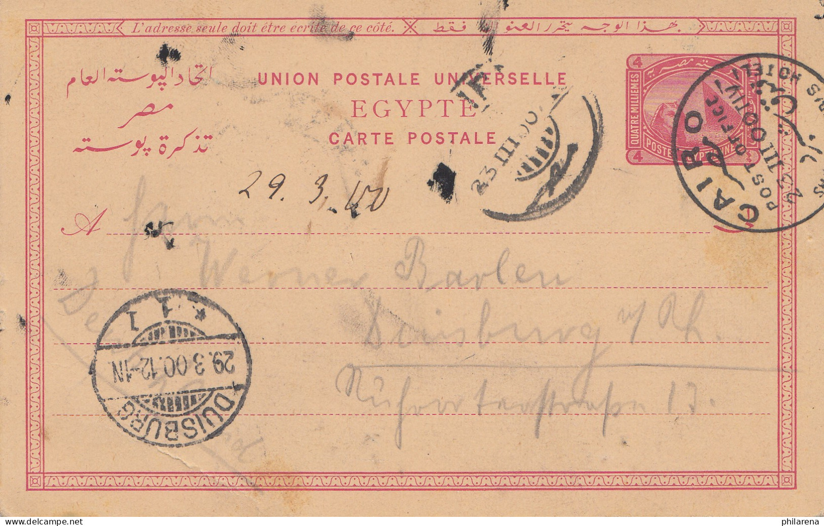 Ägypten/Egypte: 1900 Ganzsache Aus Cairo Nach Duisburg - Sonstige & Ohne Zuordnung