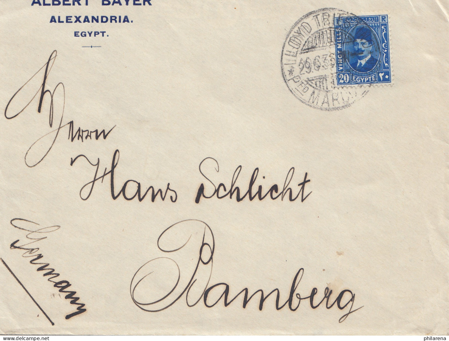 Ägypten/Egypte: 1936 Brief Von Alexandria Nach Bamberg - Other & Unclassified