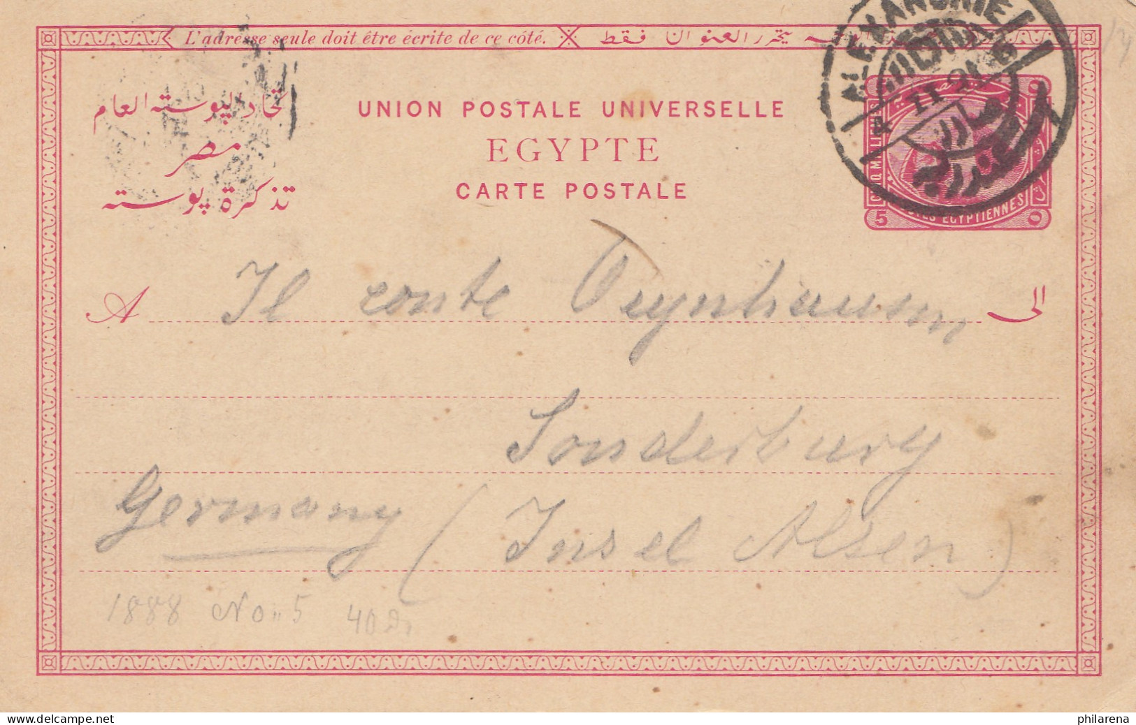 Ägypten/Egypte: 1891: Ganzsache Von Alexandria Nach Sonderburg, Insel Alsen - Other & Unclassified