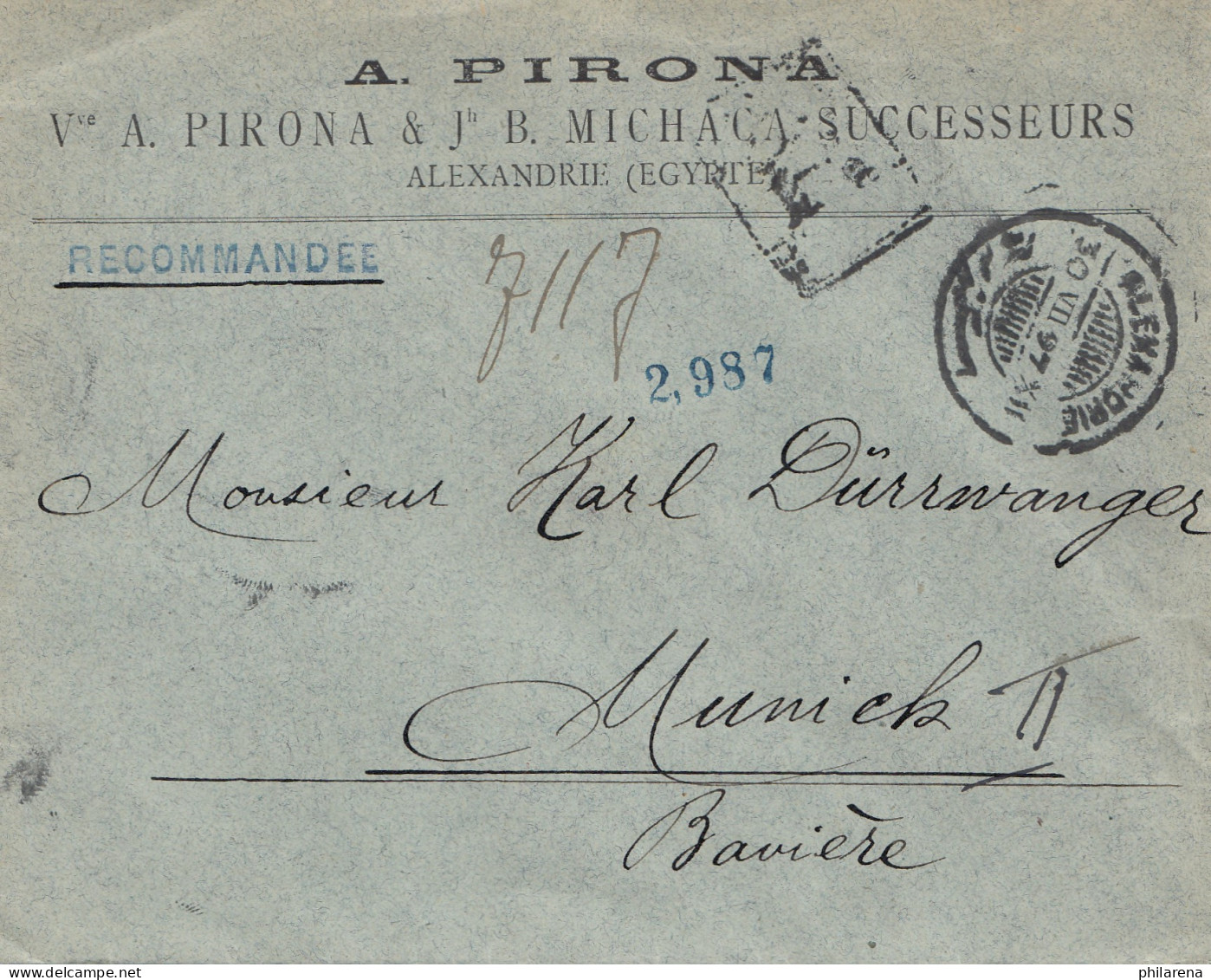 Ägypten/Egypte: 1897: Einschreiben Alexandria Nach München - Other & Unclassified
