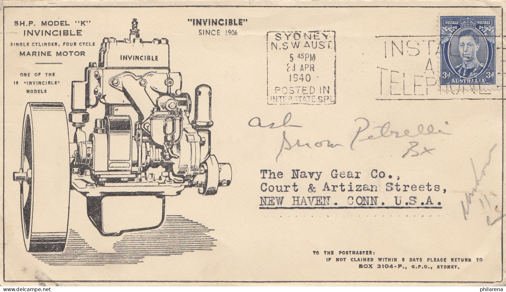 Australien: 1940: Sydney Nach New Haven/USA, Marine Motor - Sonstige & Ohne Zuordnung