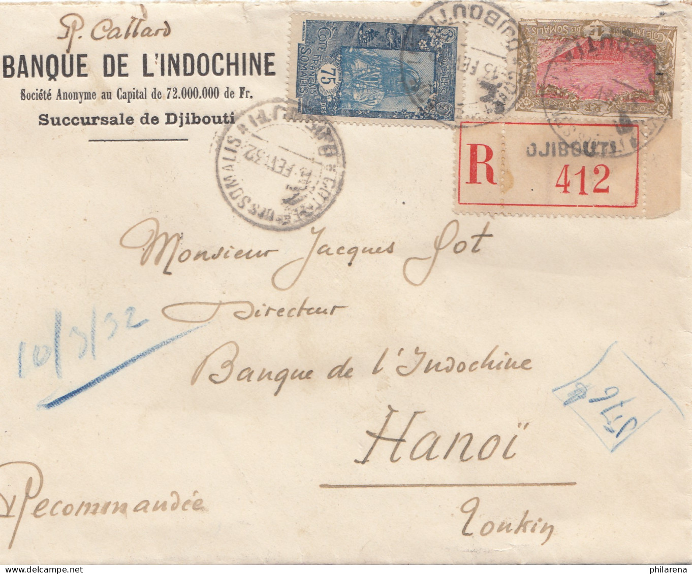 Äthiopien:  1932: Banque De L'Indochine, Einschreiben Djibouti Nach Hanoi - Äthiopien
