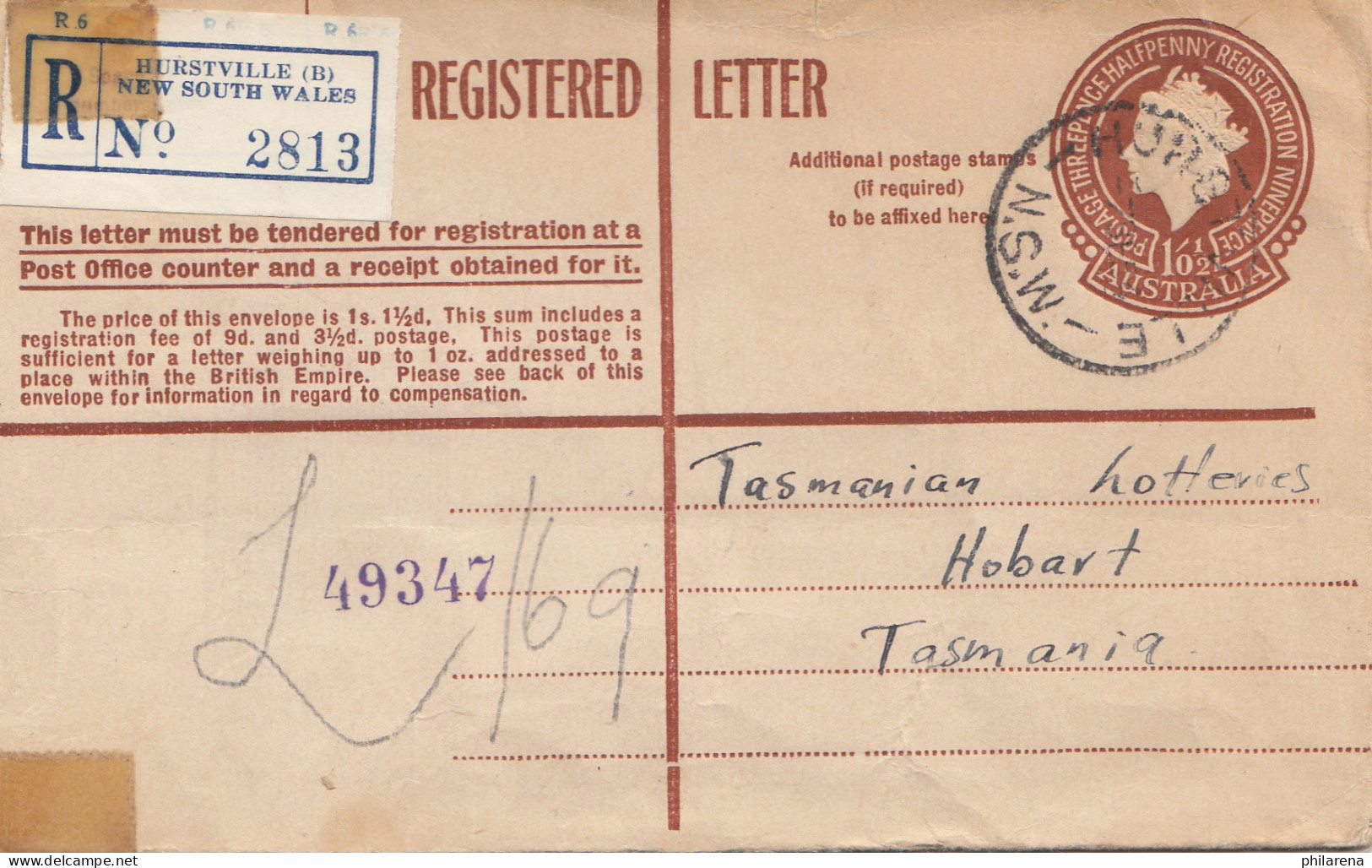 Australien: 1954: Ganzsache Registered Burstville To Tasmania - Sonstige & Ohne Zuordnung