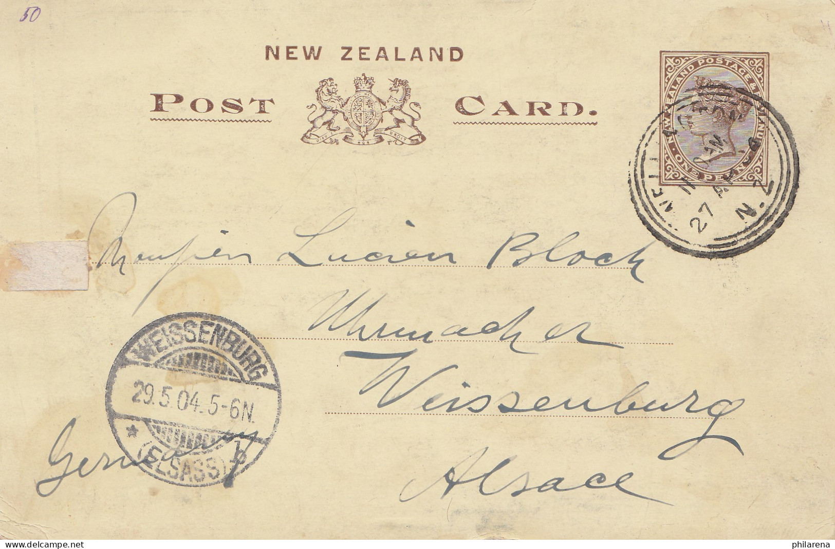 Australien: 1904: Postcard New Zealand / Ganzsache/ To Weissenburg/Elsass - Other & Unclassified