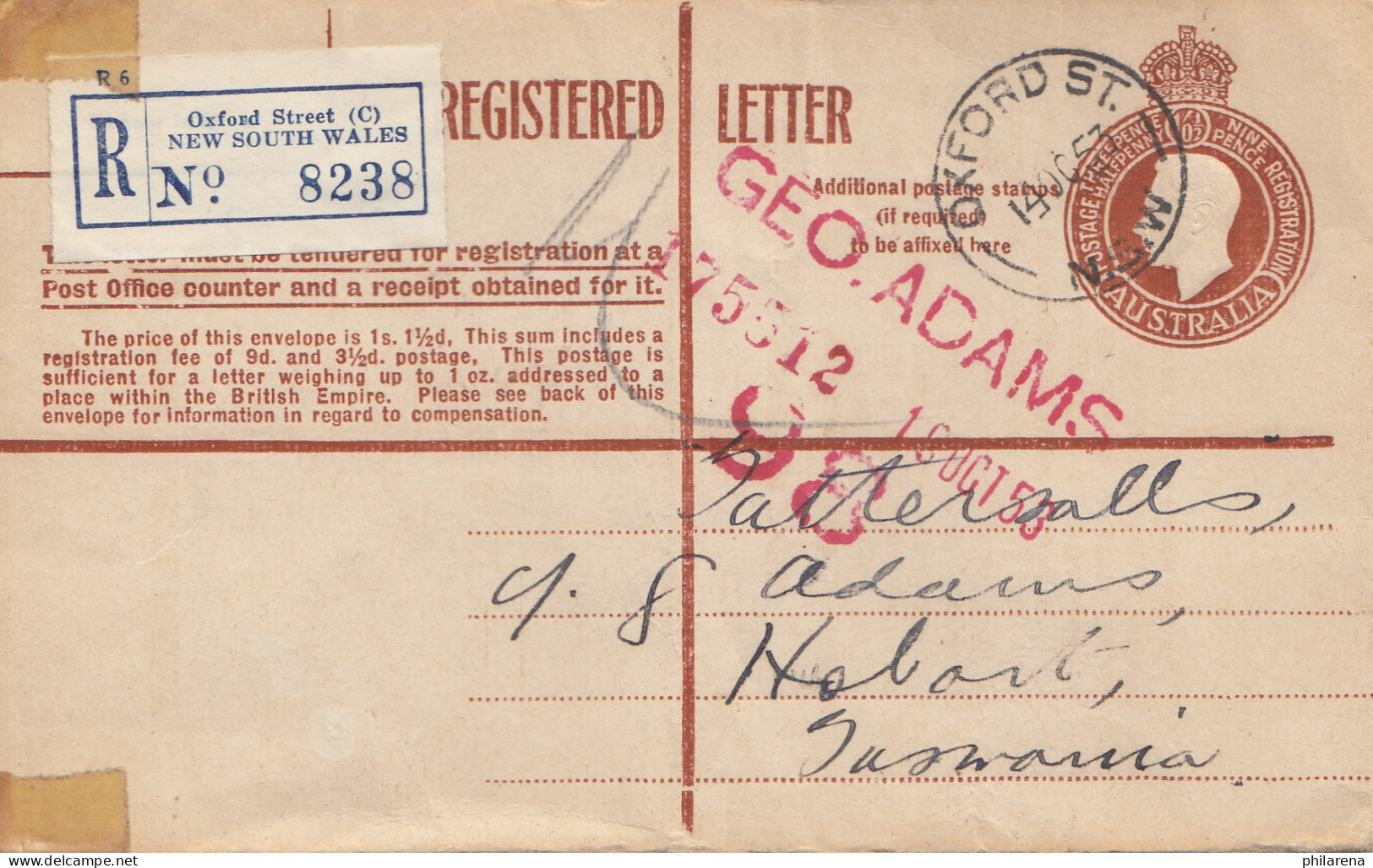 Australia 1953: Registered Letter, Oxford Street To Tasmania - Other & Unclassified