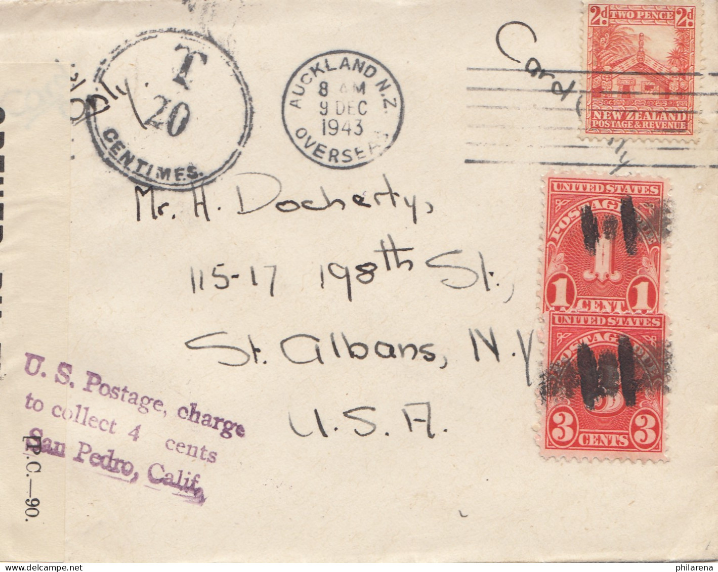 Australia 1943 Auckland To USA: US Postage Charge - San Pedro California- Tax - Sonstige & Ohne Zuordnung