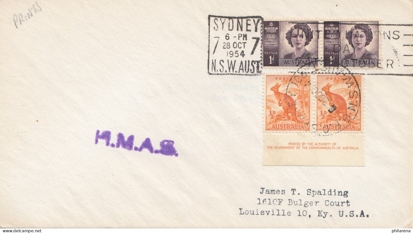 Australia 1954: Sydney To USA, H.M.A.S - Autres & Non Classés
