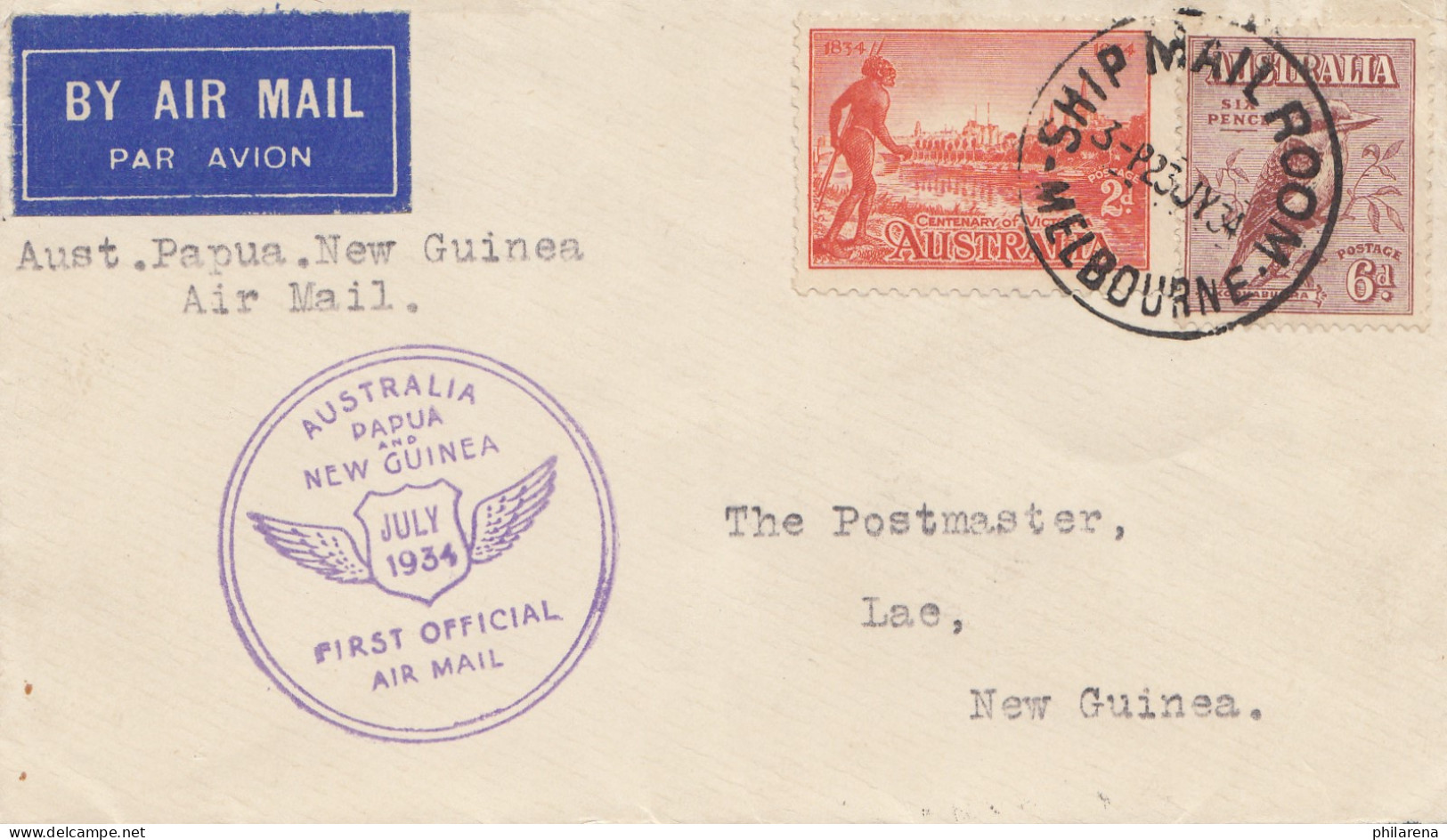 Australia 1934: By Ship Mail: Melbourne To Lac - First Official Mail - Autres & Non Classés
