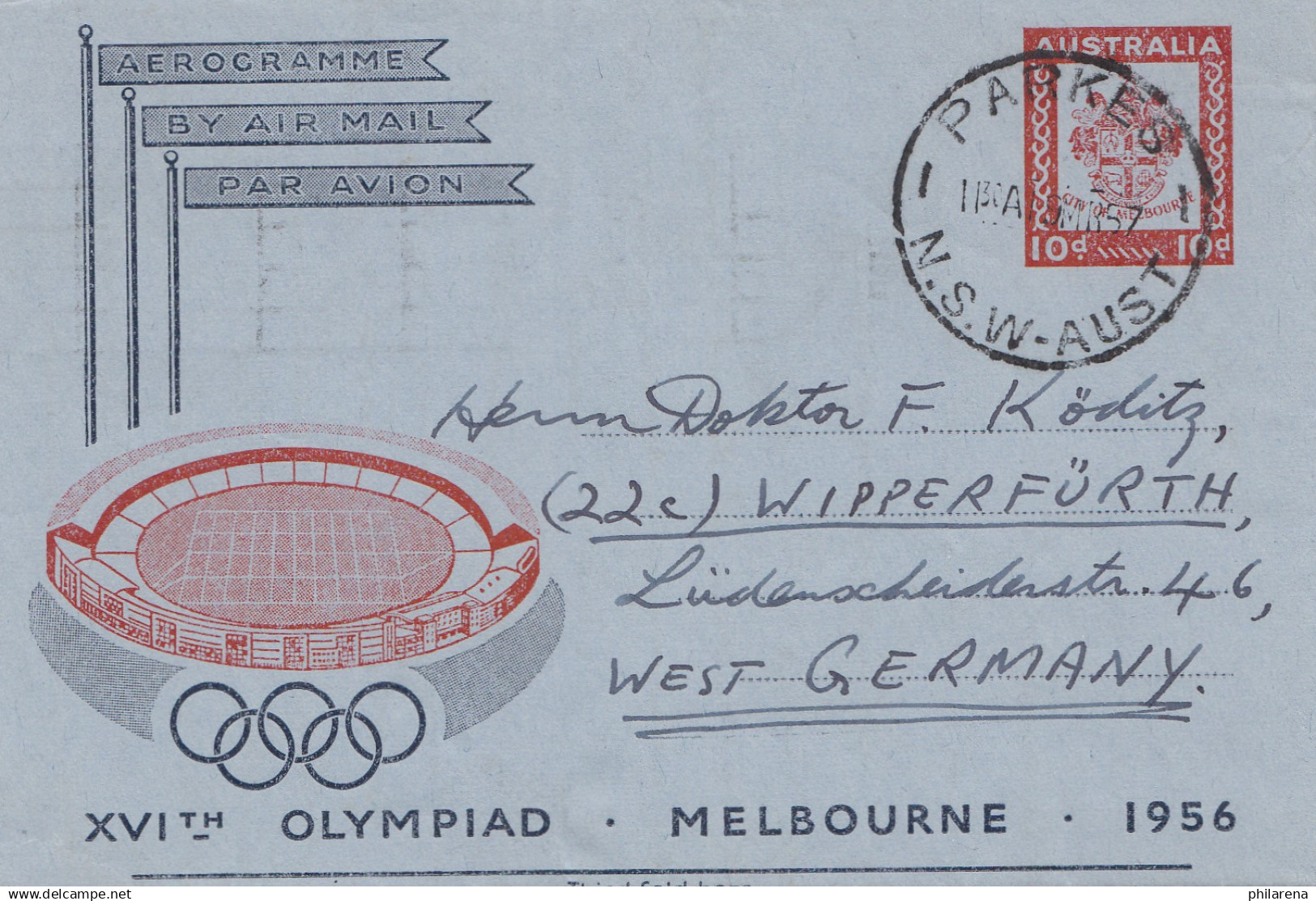 Australia: 1956: Olympiad Melbourne - Parkes To Germany  - Aerogramme - Other & Unclassified