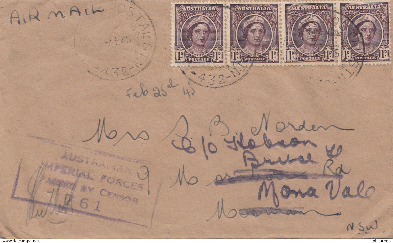 Australia: 1945: Field Post Air Mail- Censor - To Mosman - Other & Unclassified