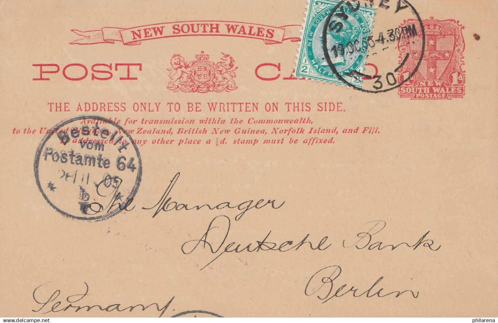 Australia 1905: Post Card Sydney To Germany - Other & Unclassified