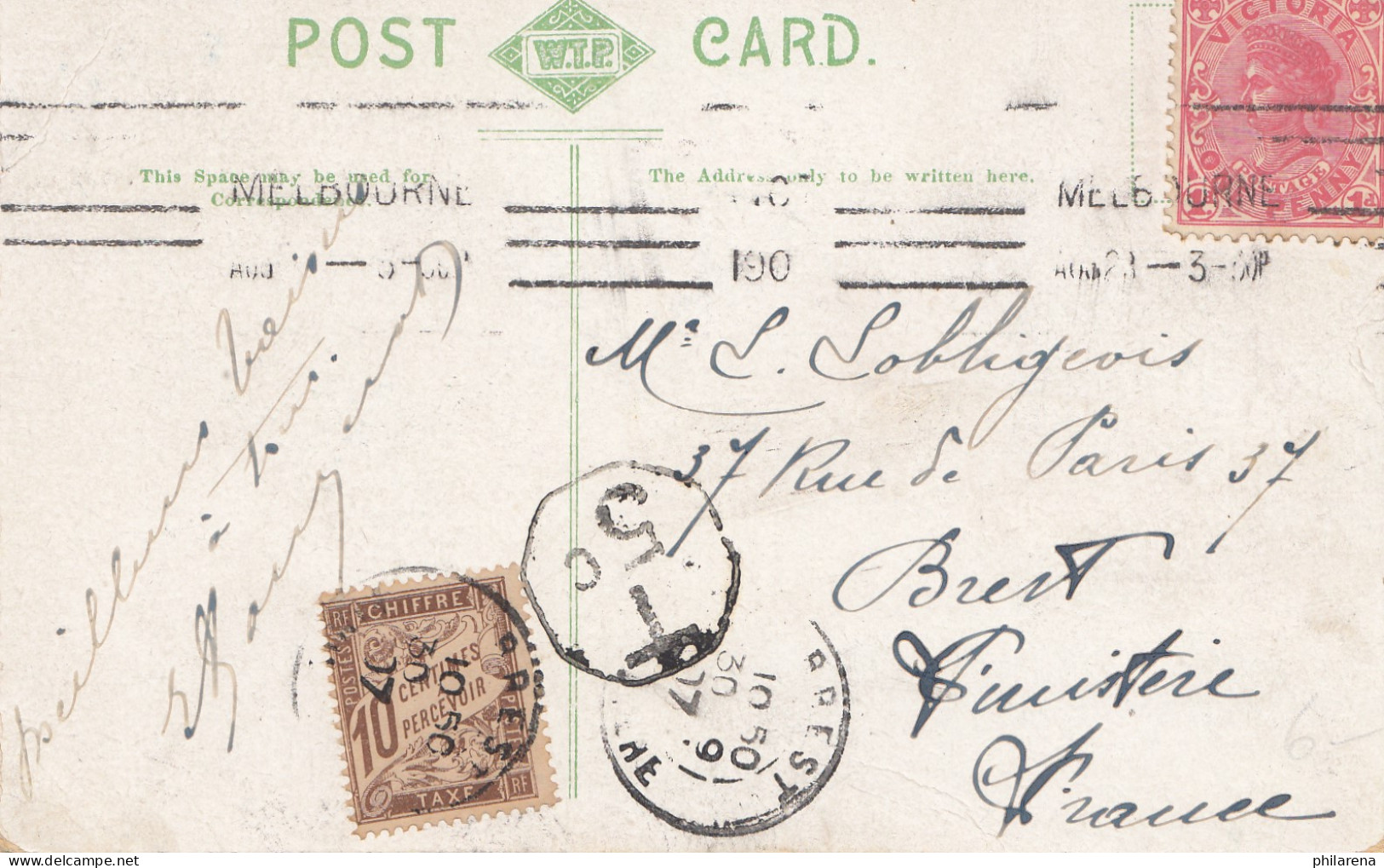 Australia 1909: Post Card Melbourne/Victoria To Brest-France With Taxe Stamp - Other & Unclassified